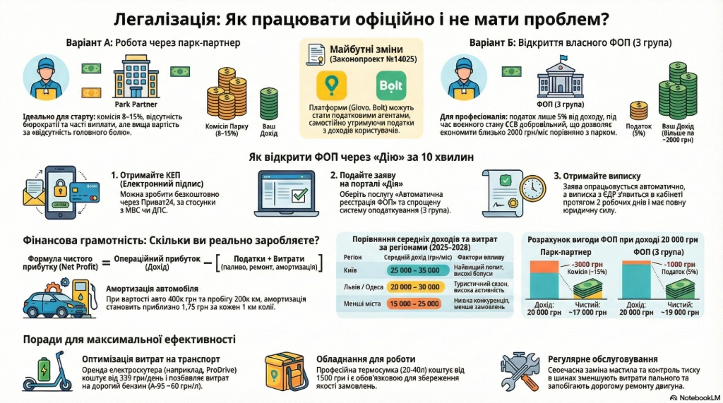 Інфографіка: Легалізація роботи кур'єра Glovo та Bolt. Порівняння податків ФОП 3 групи проти комісії автопарку, покрокова інструкція реєстрації в Дії та розрахунок чистого прибутку при оренді електротранспорту ProDRIVE.