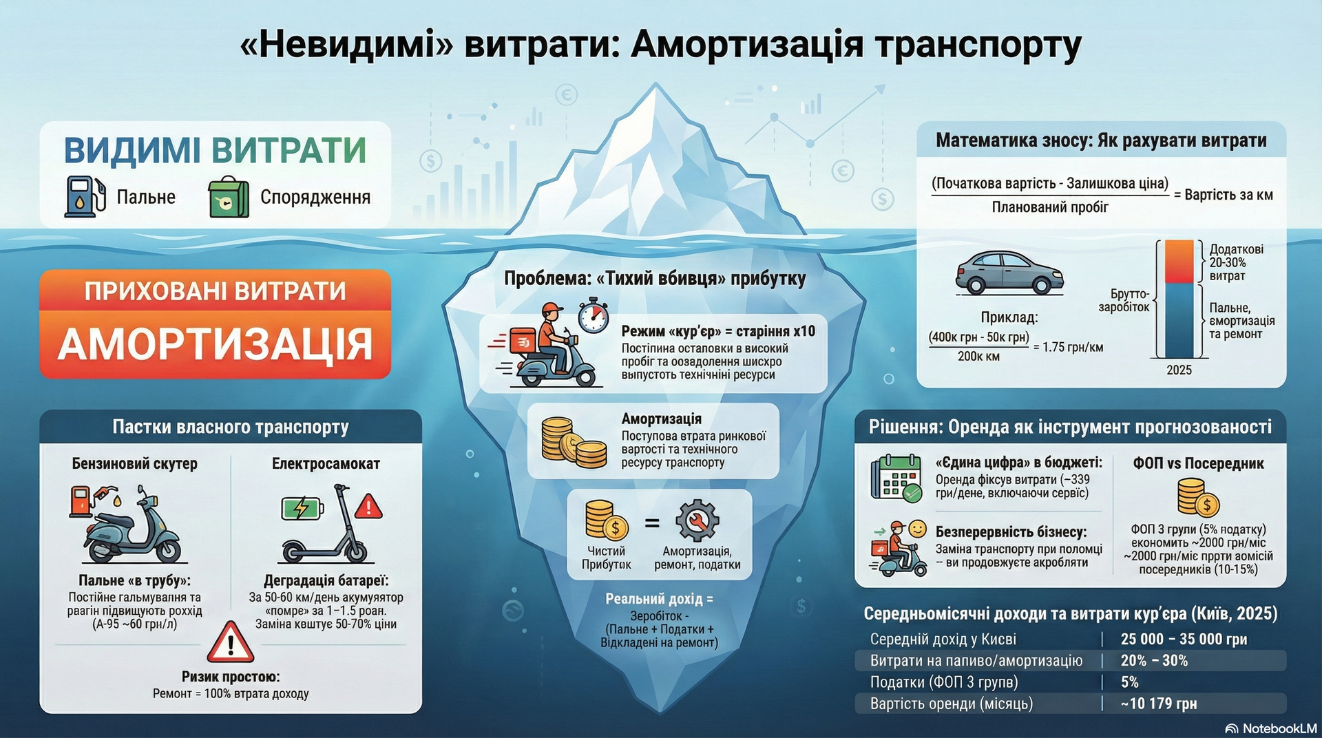 Інфографіка Айсберг витрат кур'єра: порівняння видимих витрат на пальне та прихованої амортизації транспорту. Розрахунок зносу власного скутера проти оренди в ProDRIVE для роботи в Glovo і Bolt.