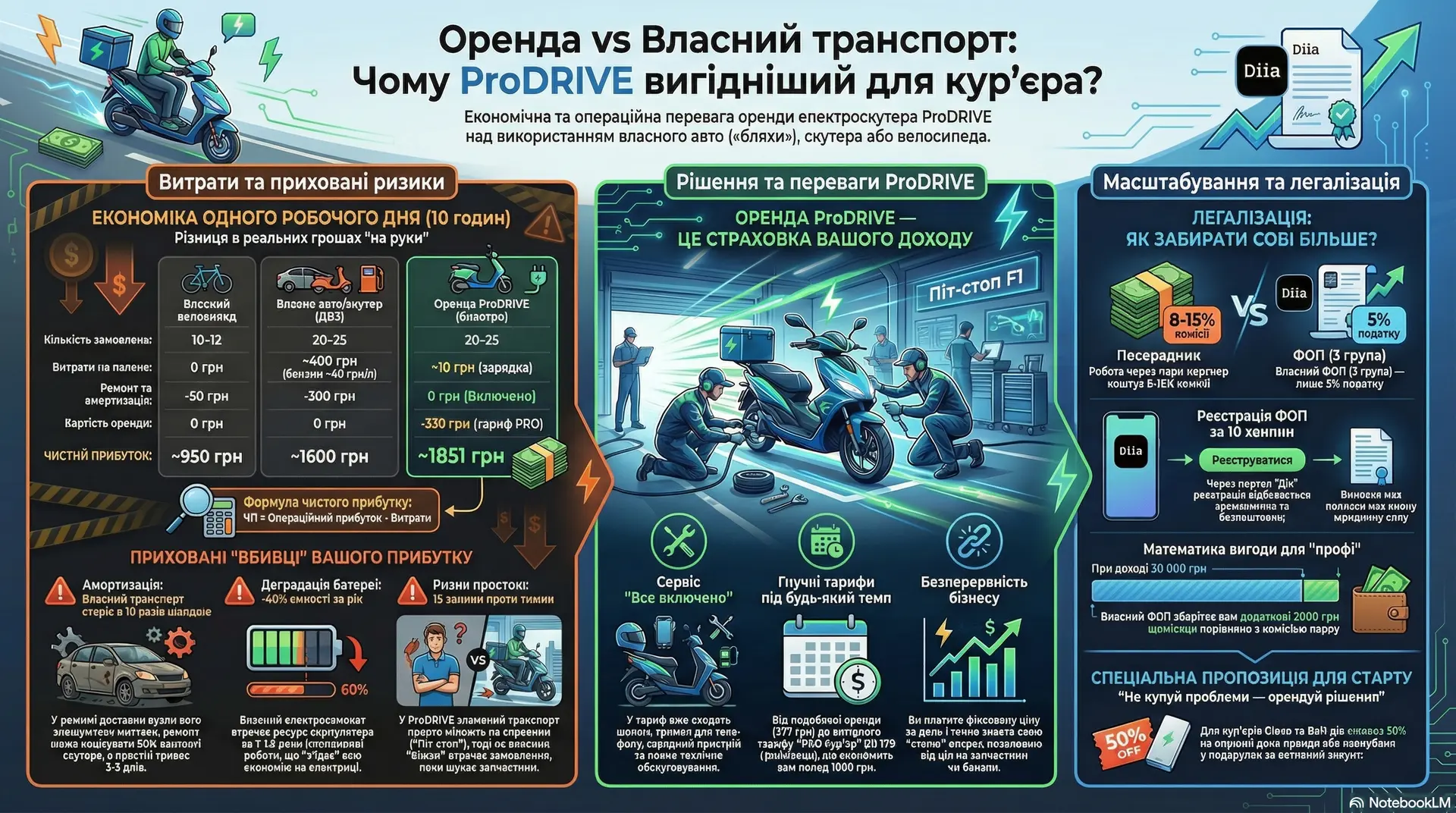 Математика вигоди: Детальний розрахунок доходів кур'єра за 10 годин роботи Інфографіка: Таблиця порівняння заробітку кур'єра на велосипеді, власному бензиновому скутері та орендованому електроскутері ProDRIVE. Розрахунок чистого прибутку за зміну з урахуванням амортизації та пального.
